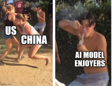 US - China AI model enjoyers Dabbing Dude meme